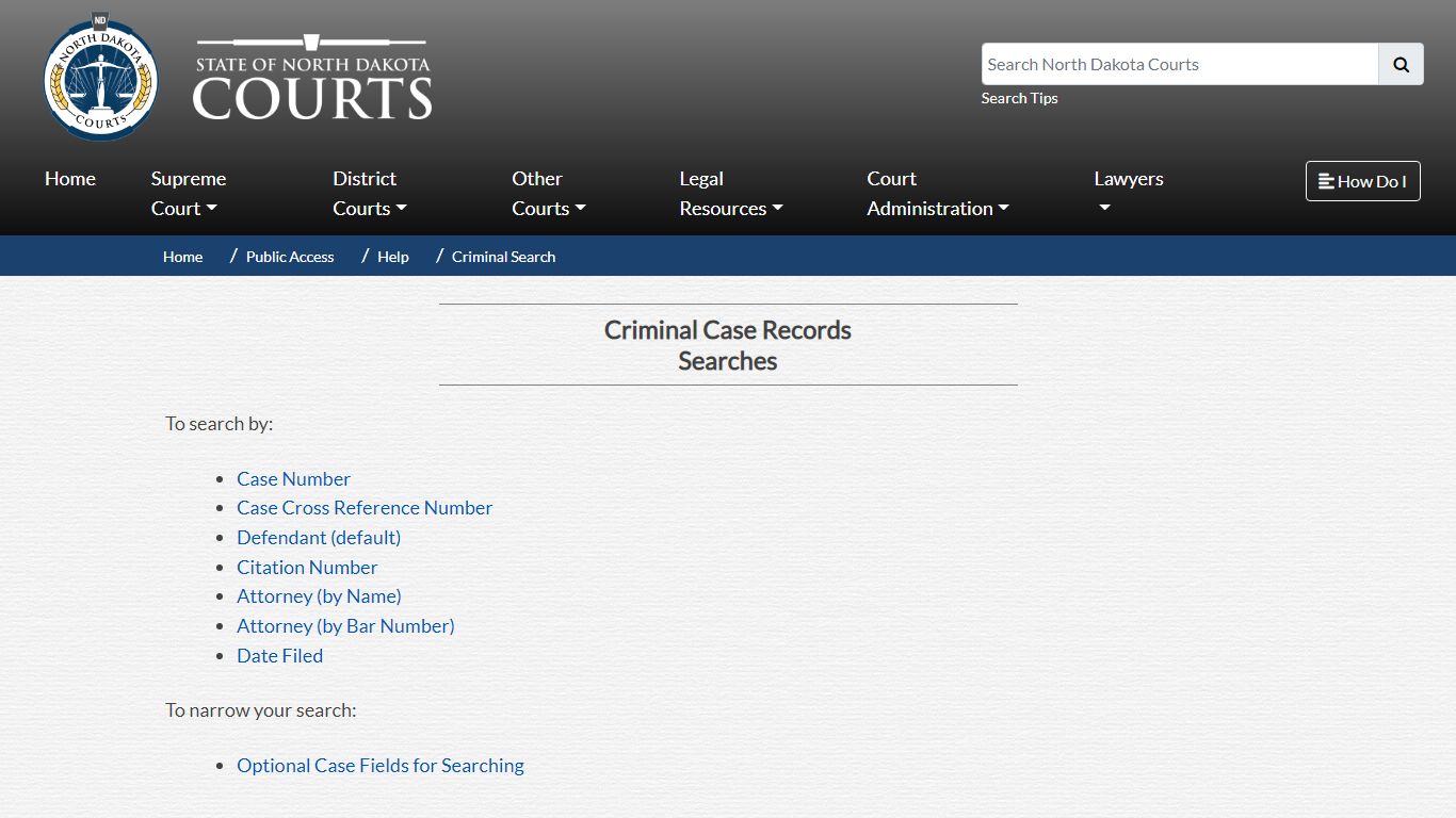 North Dakota Court System - Criminal Case Records Searches